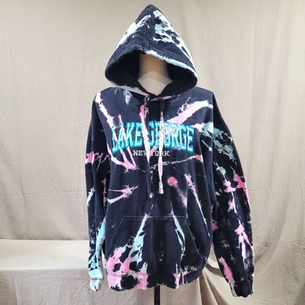 Dreamsicle Lake George Pink/Blue/Black Reverse Tie-dye Pullover/ Hoodie Sz Large